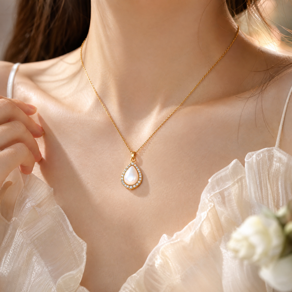 Veqzuni Teardrop Pearl CZ Halo Gold Plated Necklace for Women