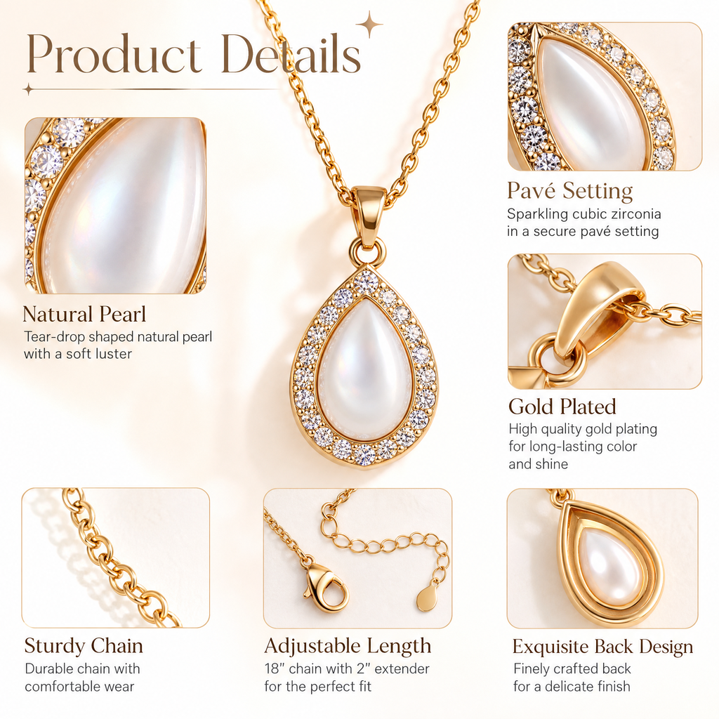 Veqzuni Teardrop Pearl CZ Halo Gold Plated Necklace for Women