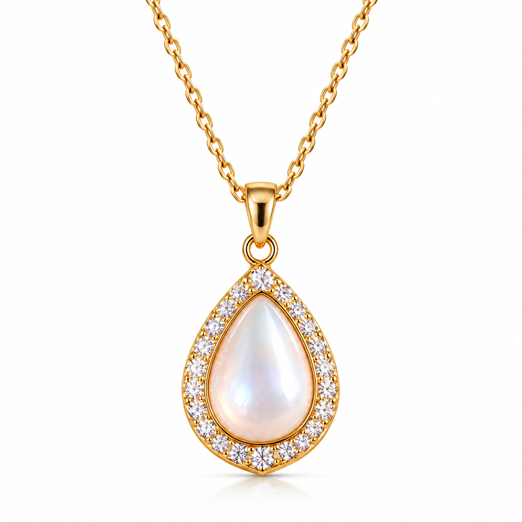 Veqzuni Teardrop Pearl CZ Halo Gold Plated Necklace for Women