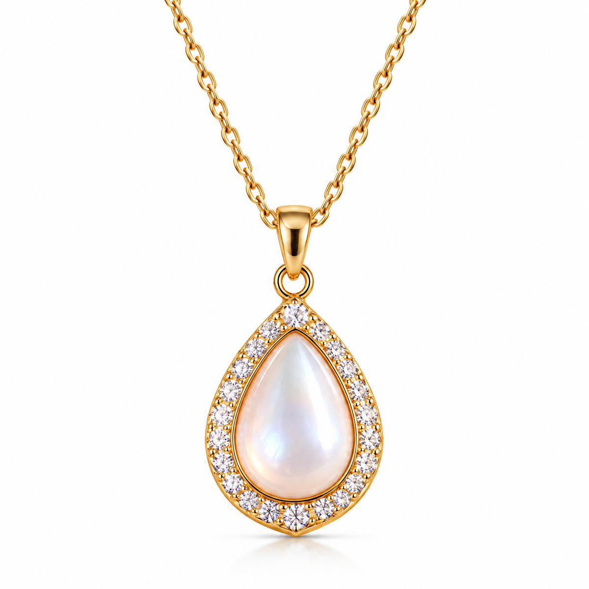Veqzuni Teardrop Pearl CZ Halo Gold Plated Necklace for Women