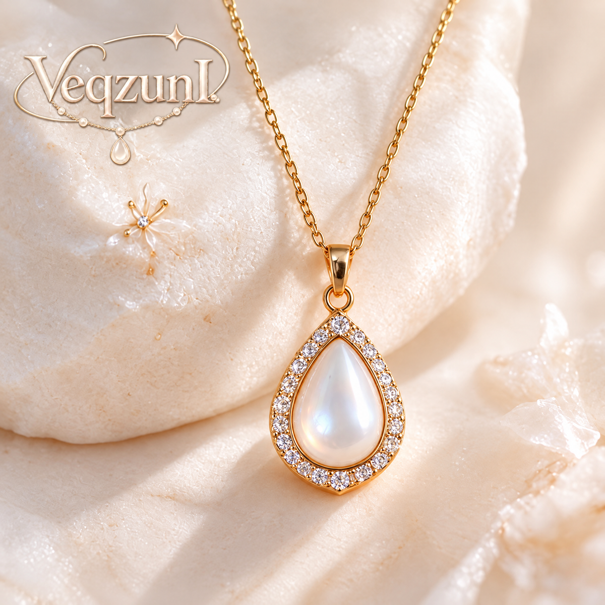 Veqzuni Teardrop Pearl CZ Halo Gold Plated Necklace for Women