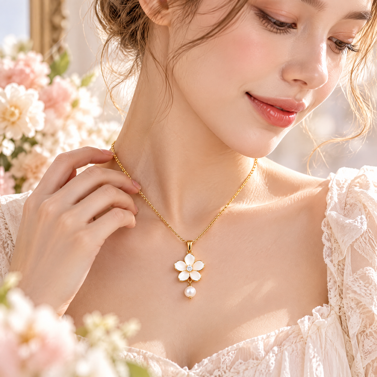 Veqzuni Flower Shell CZ Pearl Drop Gold Plated Necklace