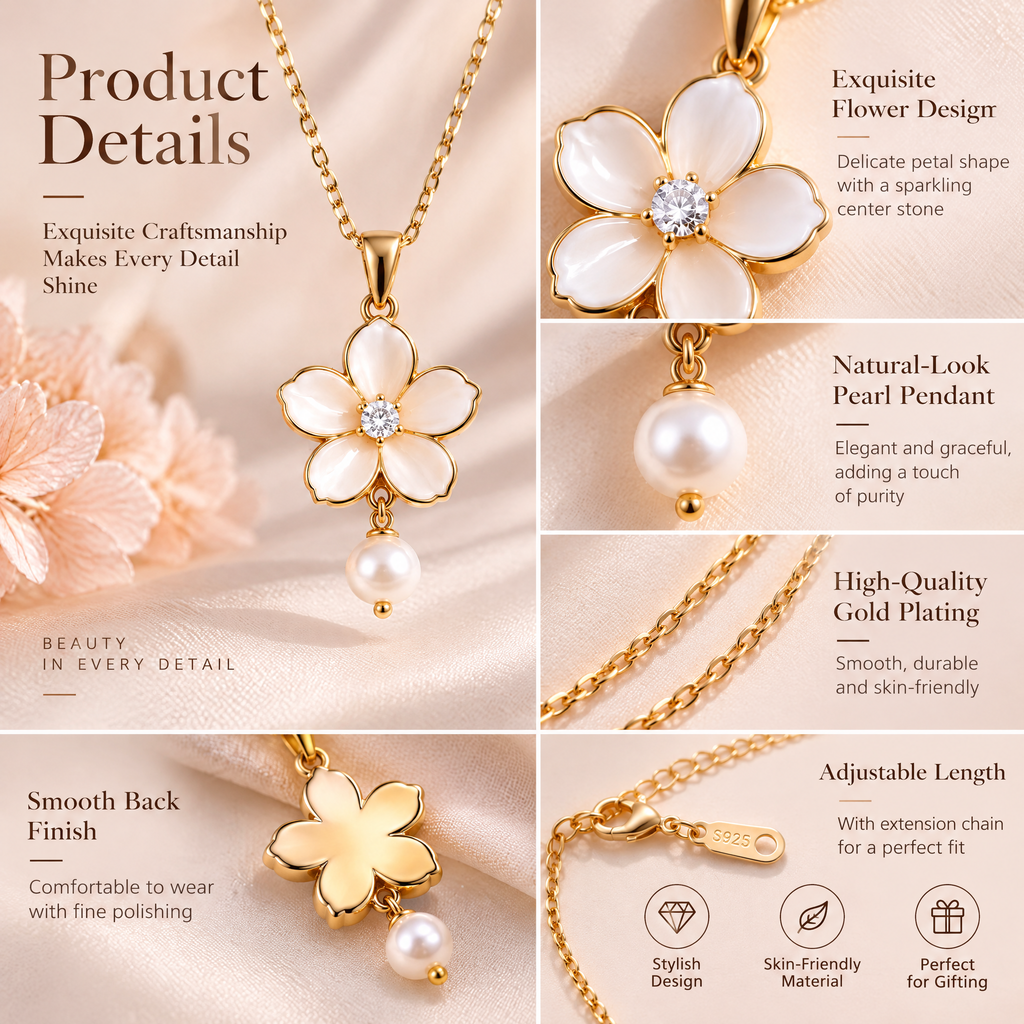Veqzuni Flower Shell CZ Pearl Drop Gold Plated Necklace