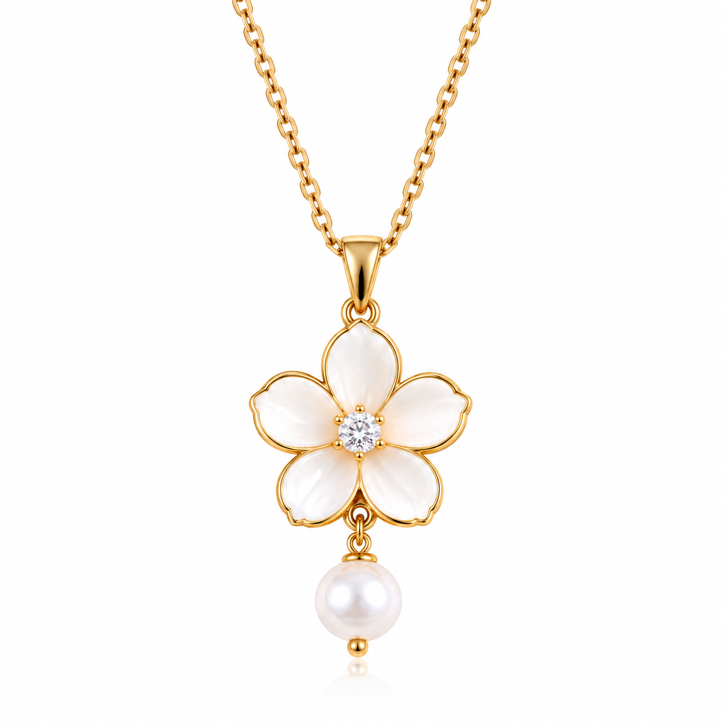 Veqzuni Flower Shell CZ Pearl Drop Gold Plated Necklace
