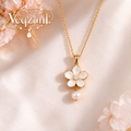Veqzuni Flower Shell CZ Pearl Drop Gold Plated Necklace