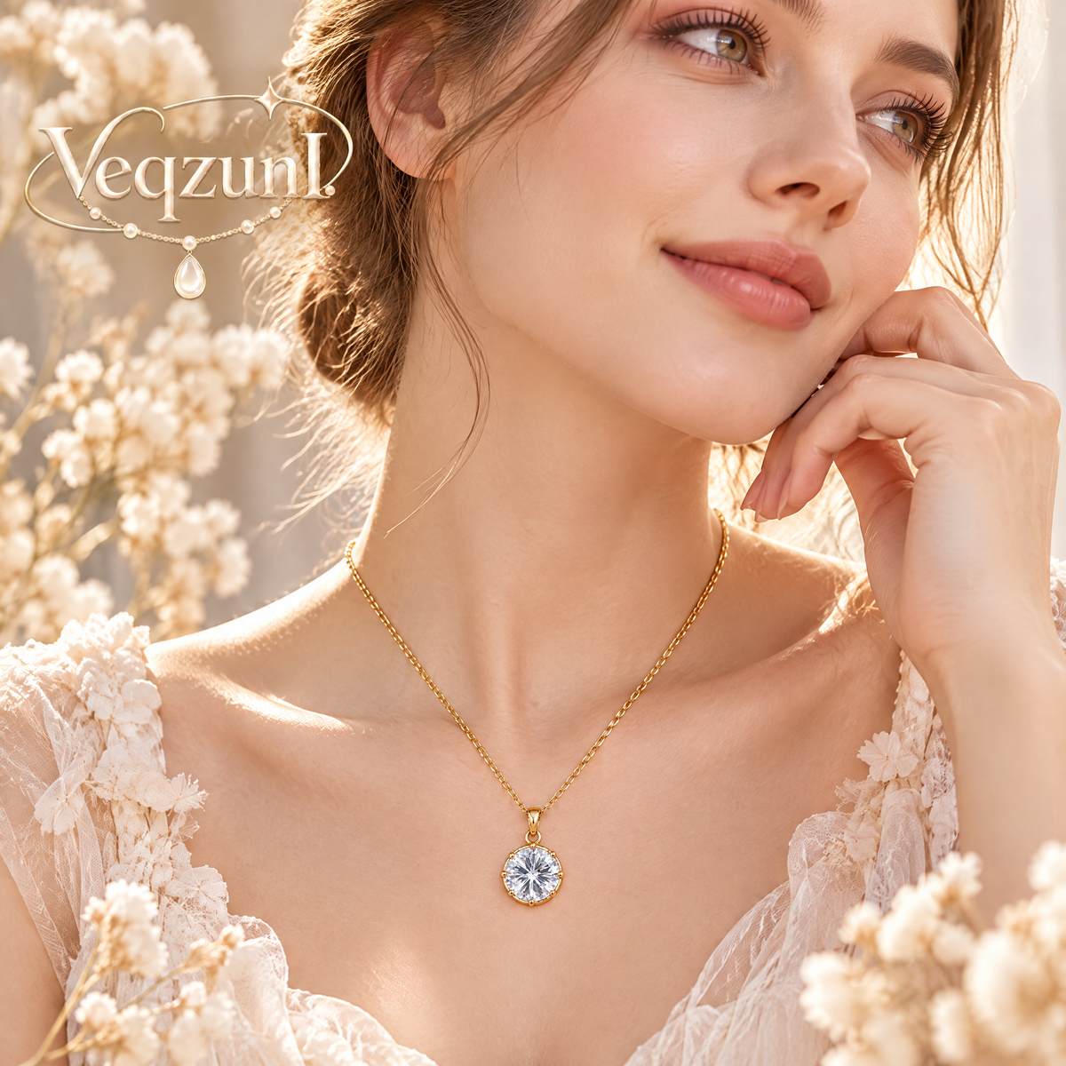 Veqzuni Round Solitaire Cubic Zirconia Gold Plated Necklace for Women