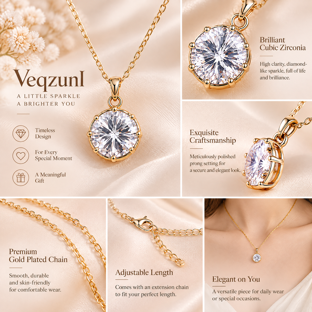 Veqzuni Round Solitaire Cubic Zirconia Gold Plated Necklace for Women