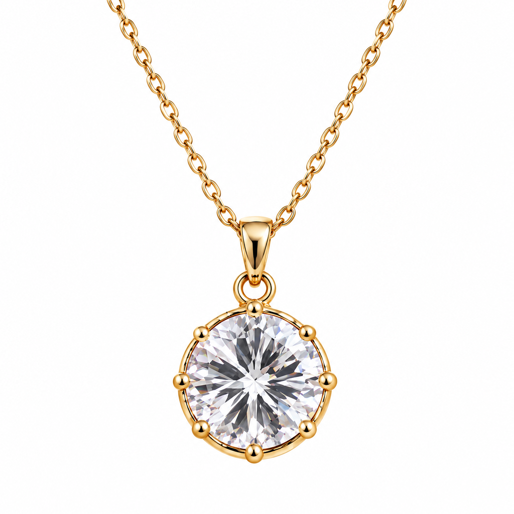 Veqzuni Round Solitaire Cubic Zirconia Gold Plated Necklace for Women