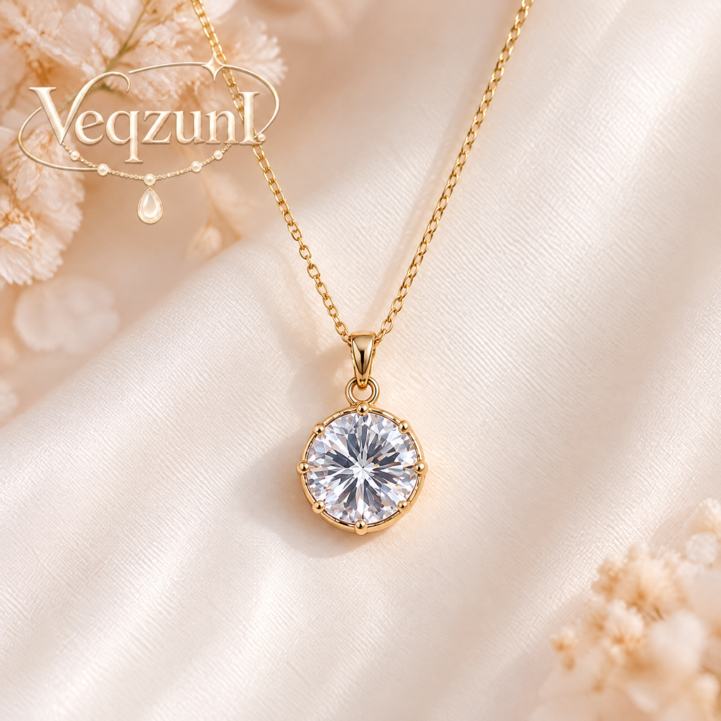 Veqzuni Round Solitaire Cubic Zirconia Gold Plated Necklace for Women