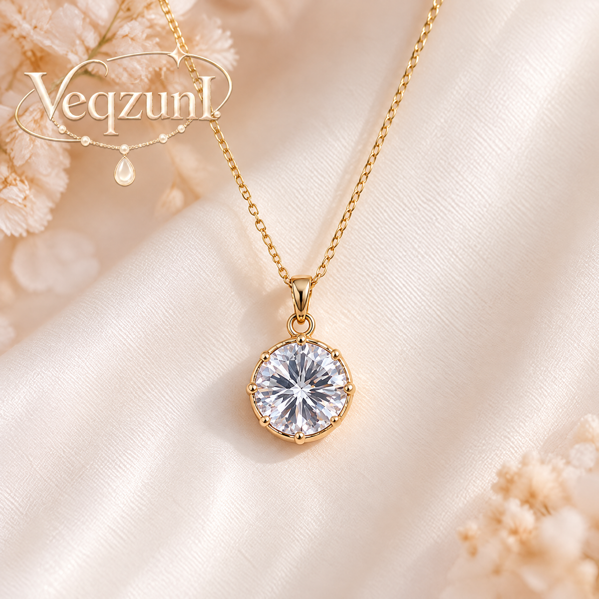 Veqzuni Round Solitaire Cubic Zirconia Gold Plated Necklace for Women