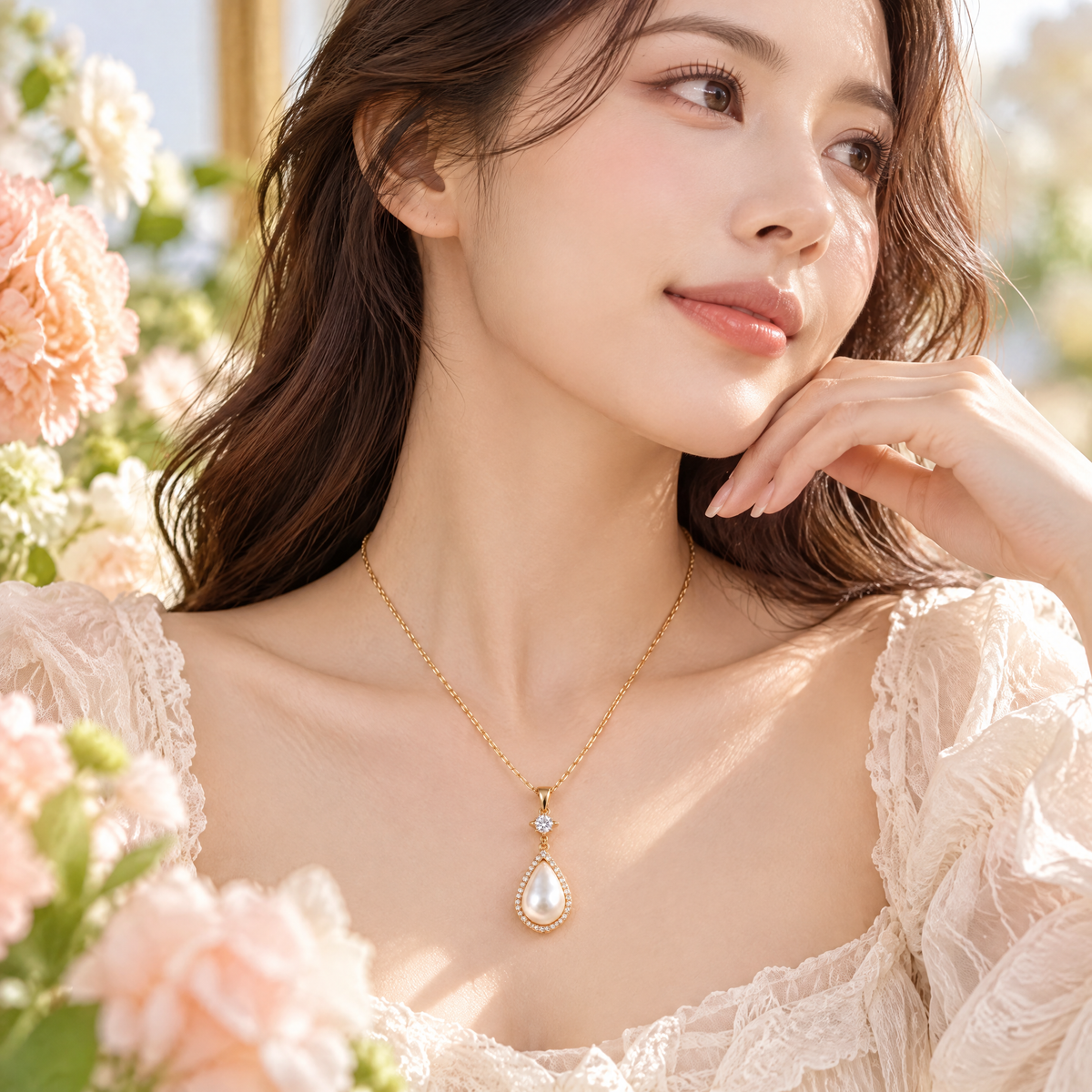 Veqzuni CZ Star Teardrop Pearl Gold Plated Pendant Necklace
