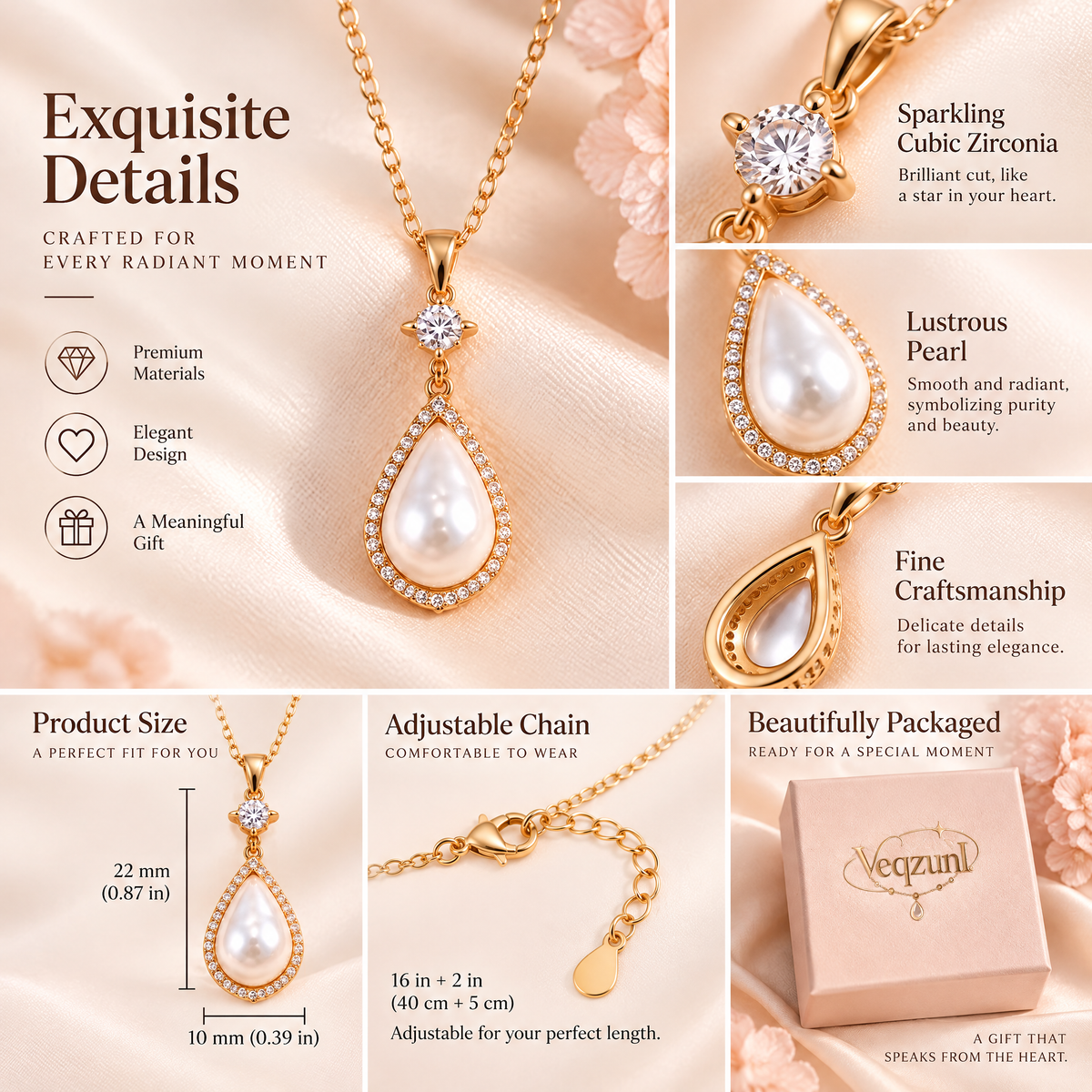 Veqzuni CZ Star Teardrop Pearl Gold Plated Pendant Necklace