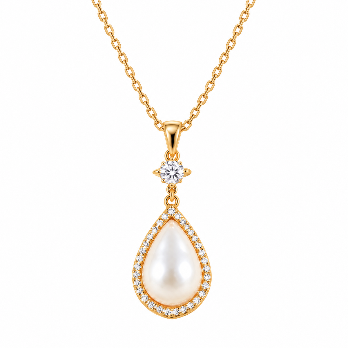 Veqzuni CZ Star Teardrop Pearl Gold Plated Pendant Necklace
