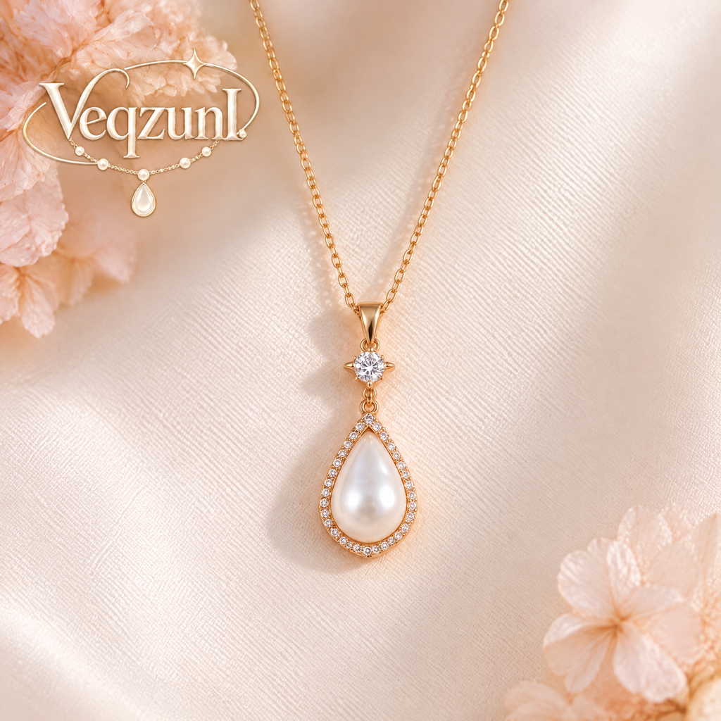 Veqzuni CZ Star Teardrop Pearl Gold Plated Pendant Necklace