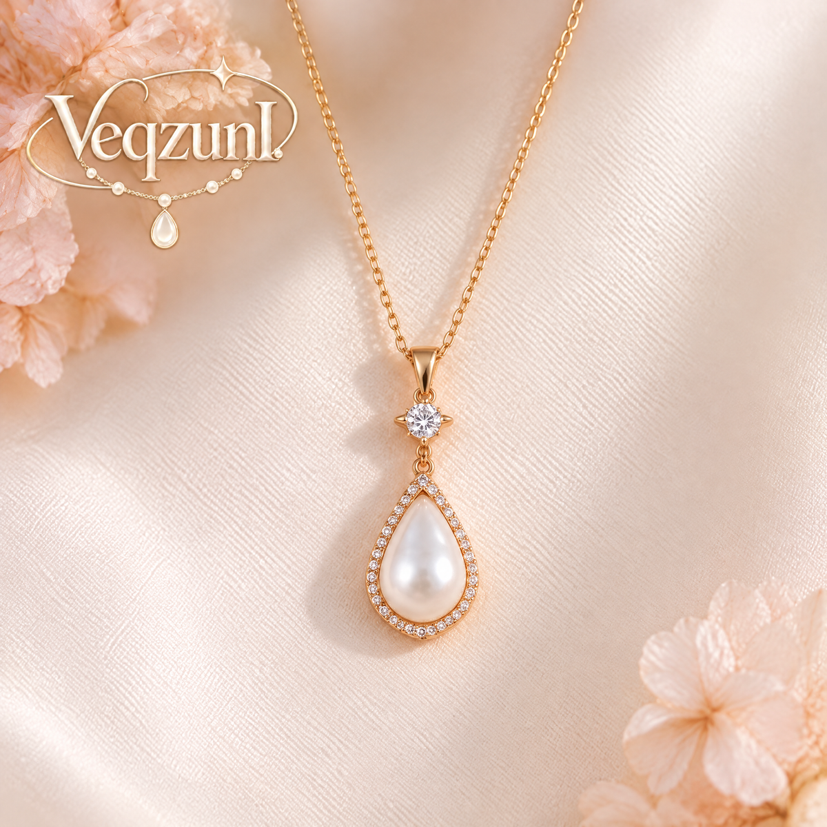 Veqzuni CZ Star Teardrop Pearl Gold Plated Pendant Necklace