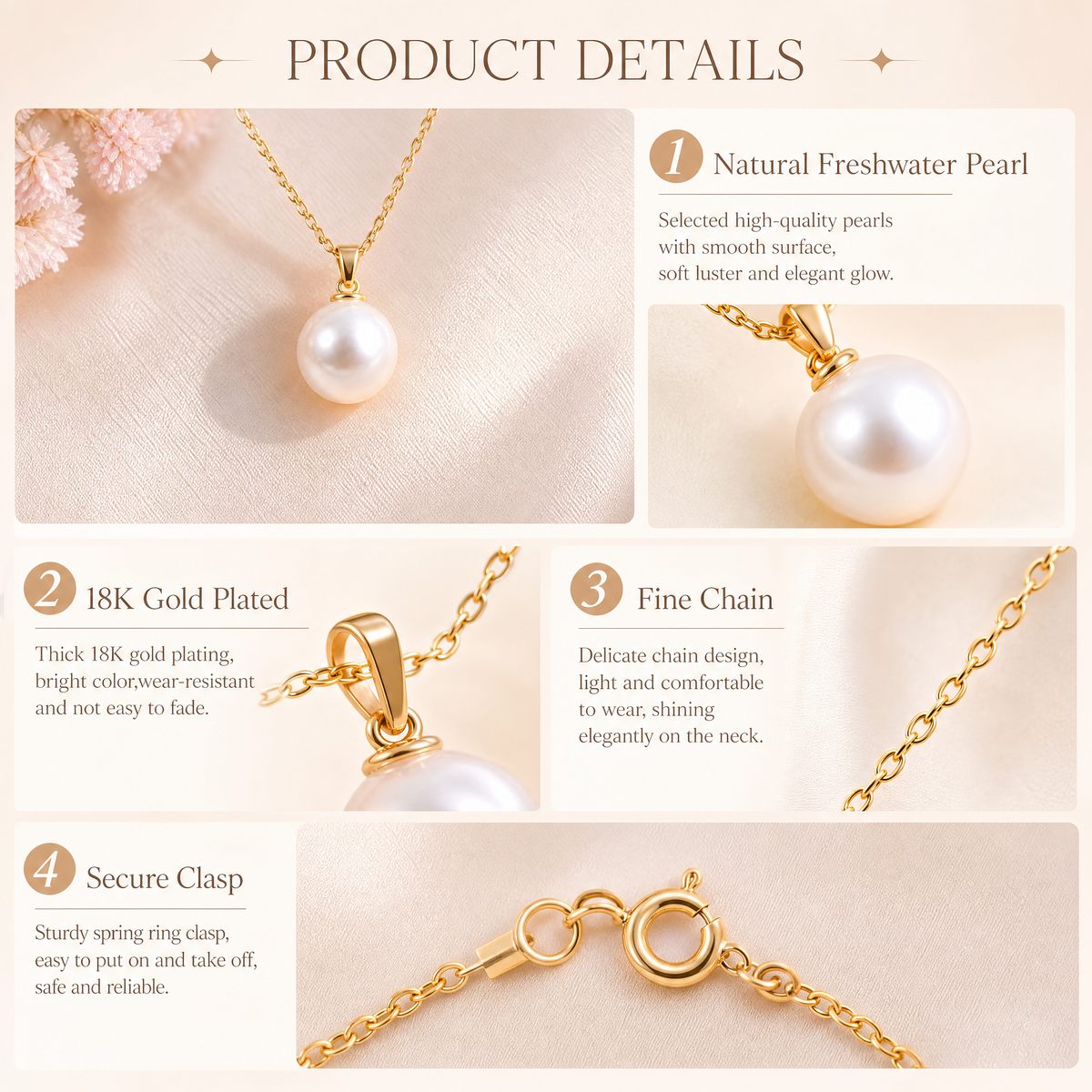 Veqzuni Classic Single Freshwater Pearl Gold Plated Necklace