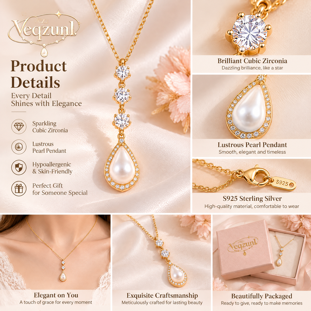 Veqzuni Vertical Drop CZ Teardrop Pearl Gold Plated Necklace