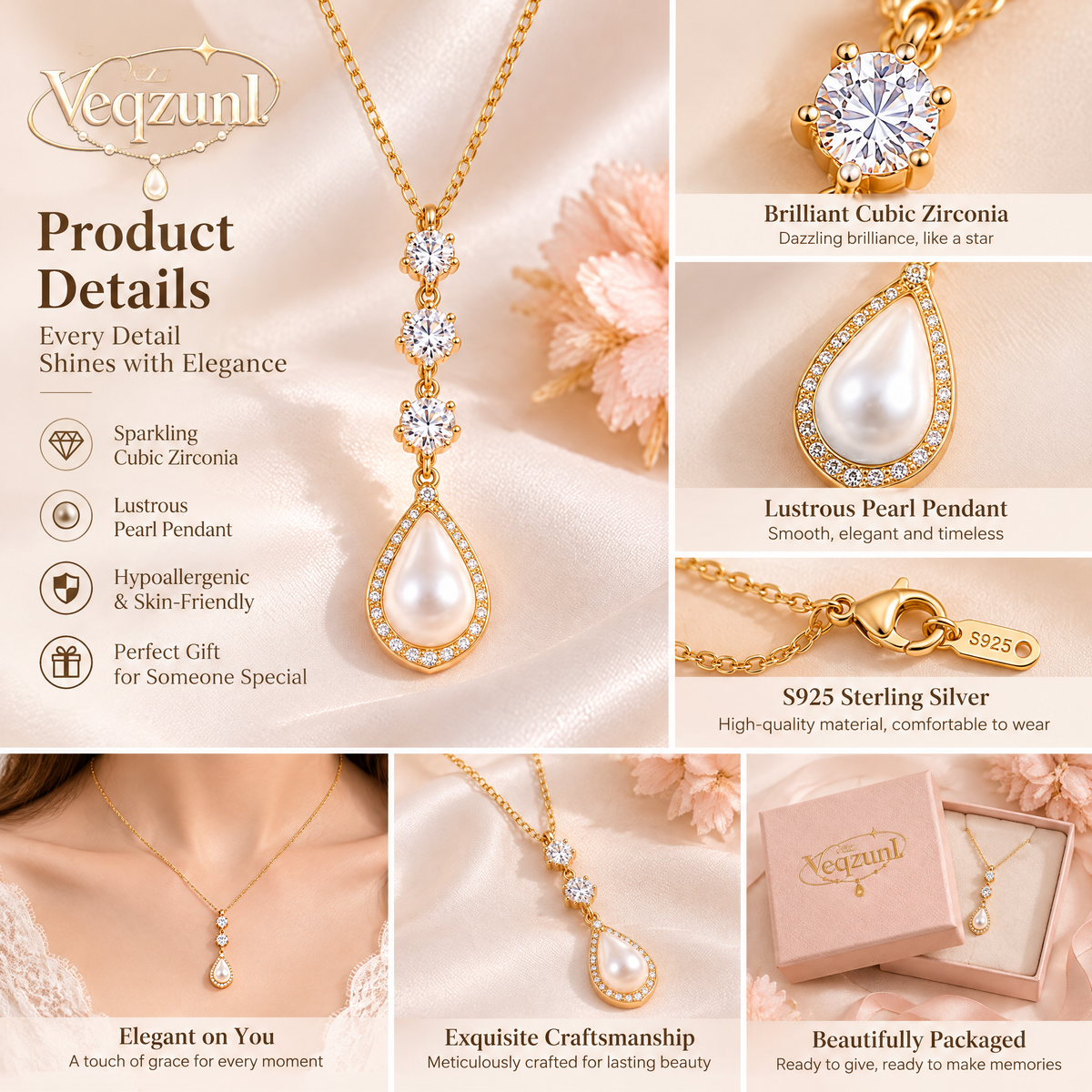 Veqzuni Vertical Drop CZ Teardrop Pearl Gold Plated Necklace