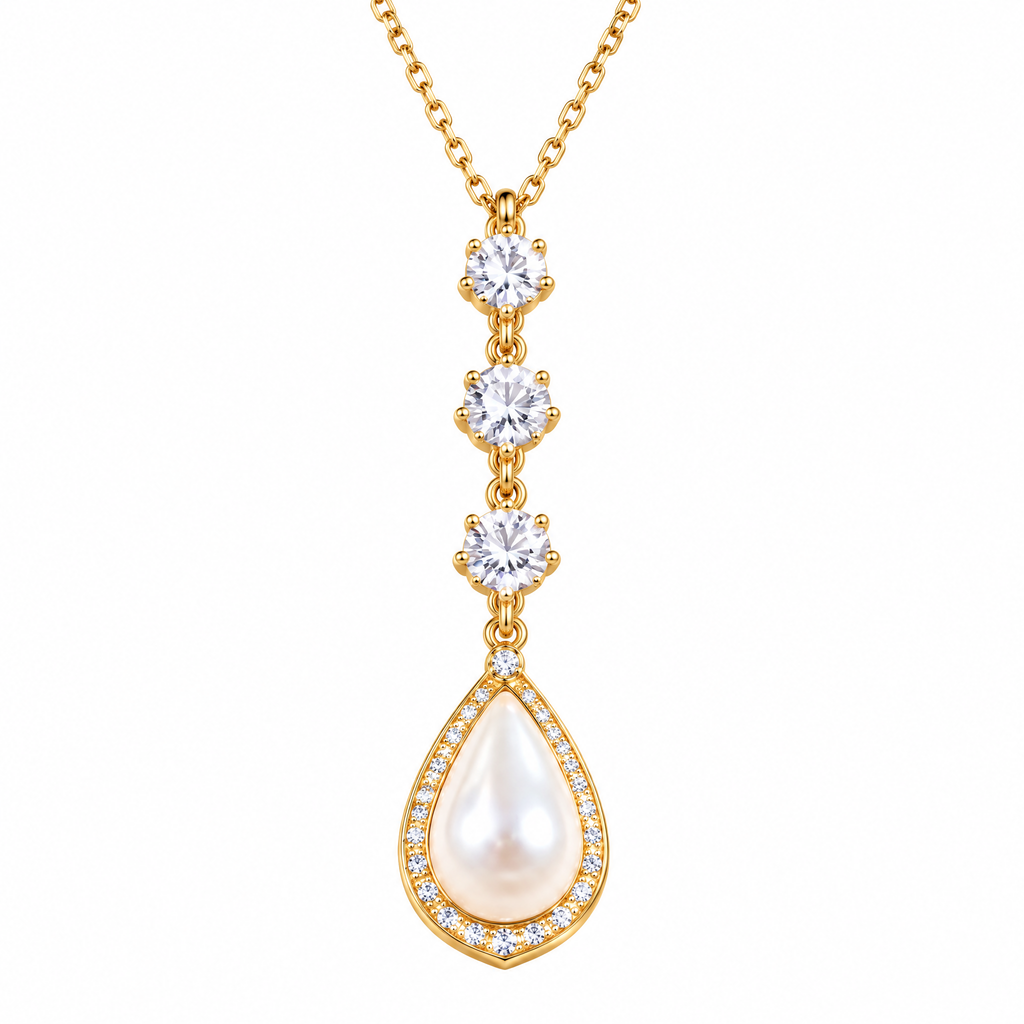 Veqzuni Vertical Drop CZ Teardrop Pearl Gold Plated Necklace