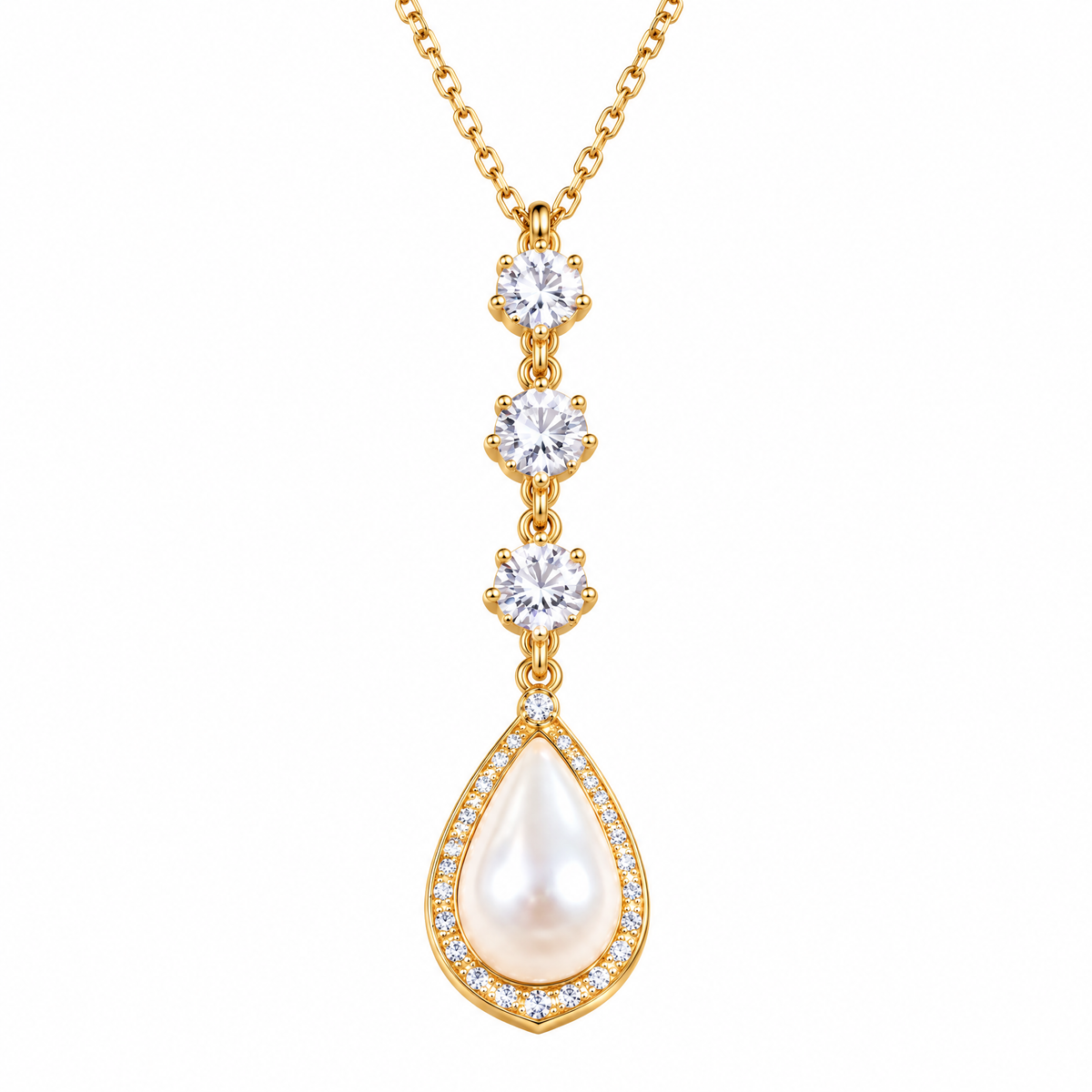 Veqzuni Vertical Drop CZ Teardrop Pearl Gold Plated Necklace