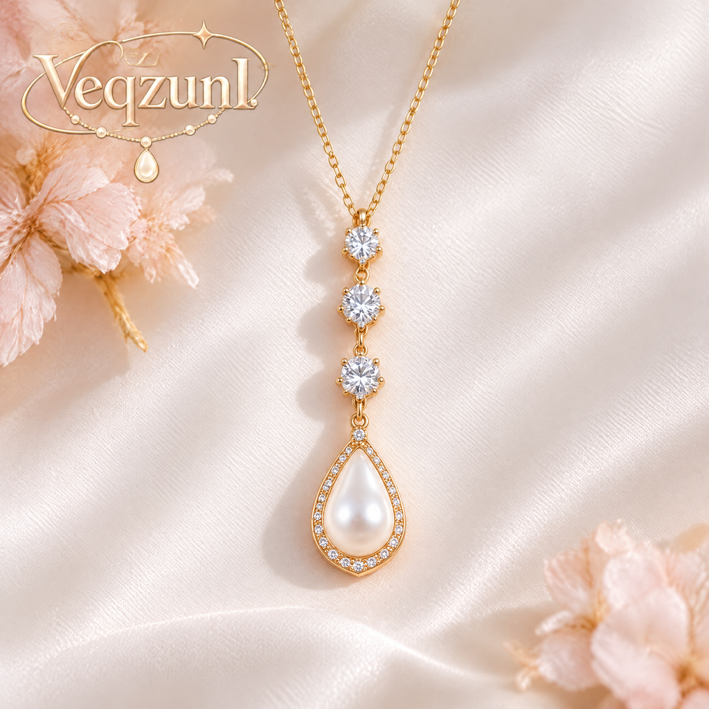 Veqzuni Vertical Drop CZ Teardrop Pearl Gold Plated Necklace