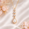 Veqzuni Vertical Drop CZ Teardrop Pearl Gold Plated Necklace