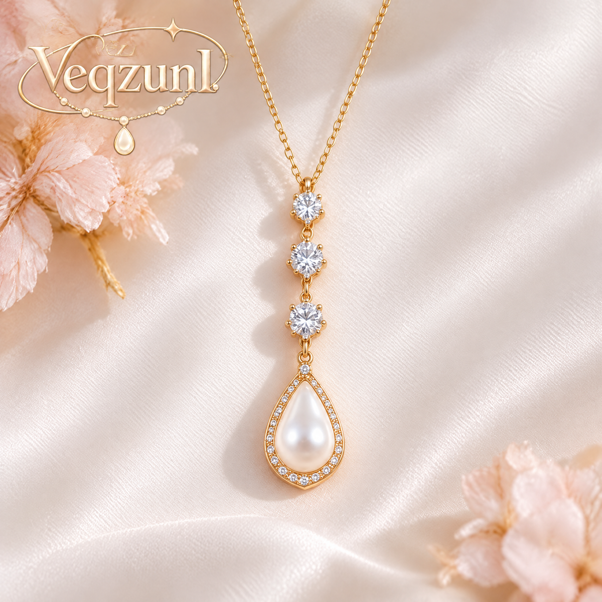 Veqzuni Vertical Drop CZ Teardrop Pearl Gold Plated Necklace