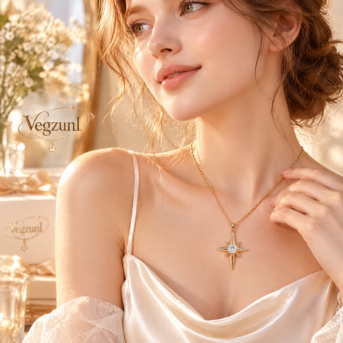 Veqzuni North Star CZ S925 Sterling Silver Gold Plated Necklace