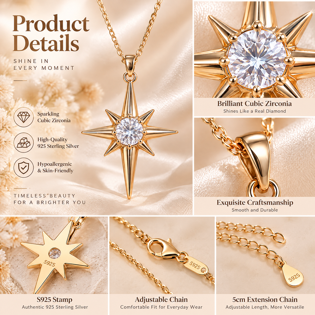 Veqzuni North Star CZ S925 Sterling Silver Gold Plated Necklace