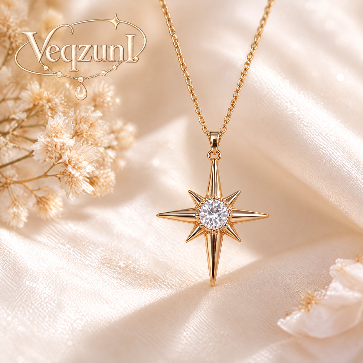 Veqzuni North Star CZ S925 Sterling Silver Gold Plated Necklace