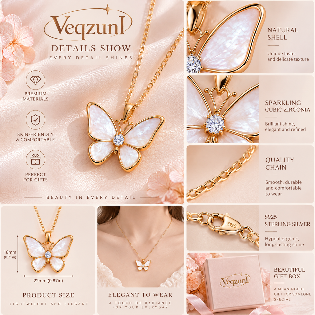 Veqzuni White Shell Butterfly CZ S925 Sterling Silver Necklace
