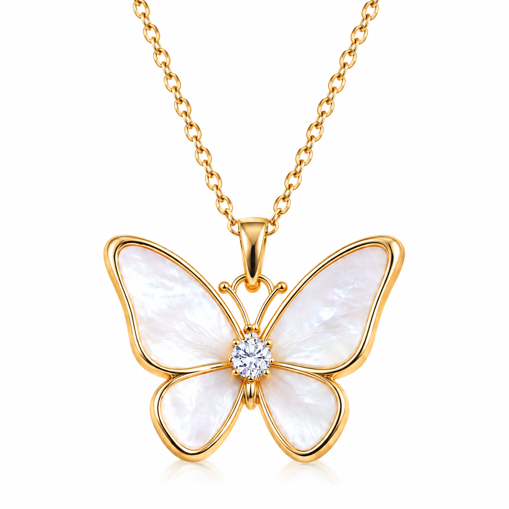 Veqzuni White Shell Butterfly CZ S925 Sterling Silver Necklace
