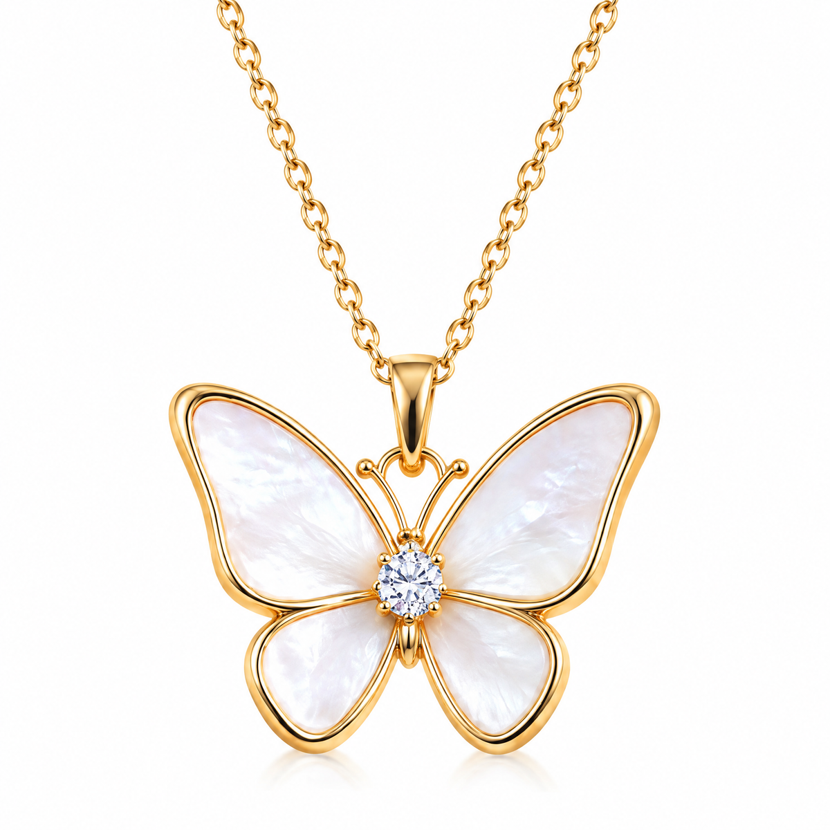 Veqzuni White Shell Butterfly CZ S925 Sterling Silver Necklace