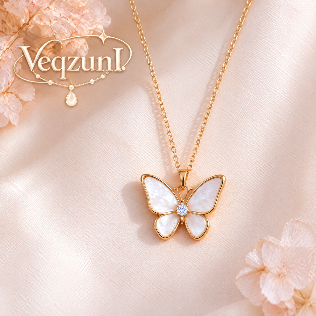 Veqzuni White Shell Butterfly CZ S925 Sterling Silver Necklace