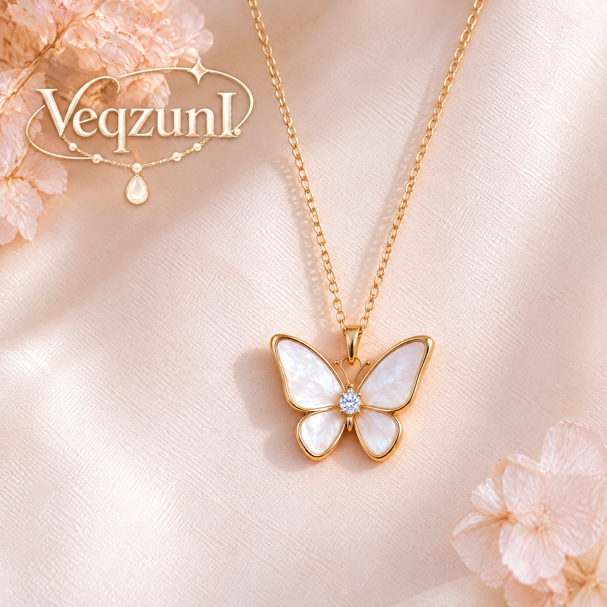 Veqzuni White Shell Butterfly CZ S925 Sterling Silver Necklace