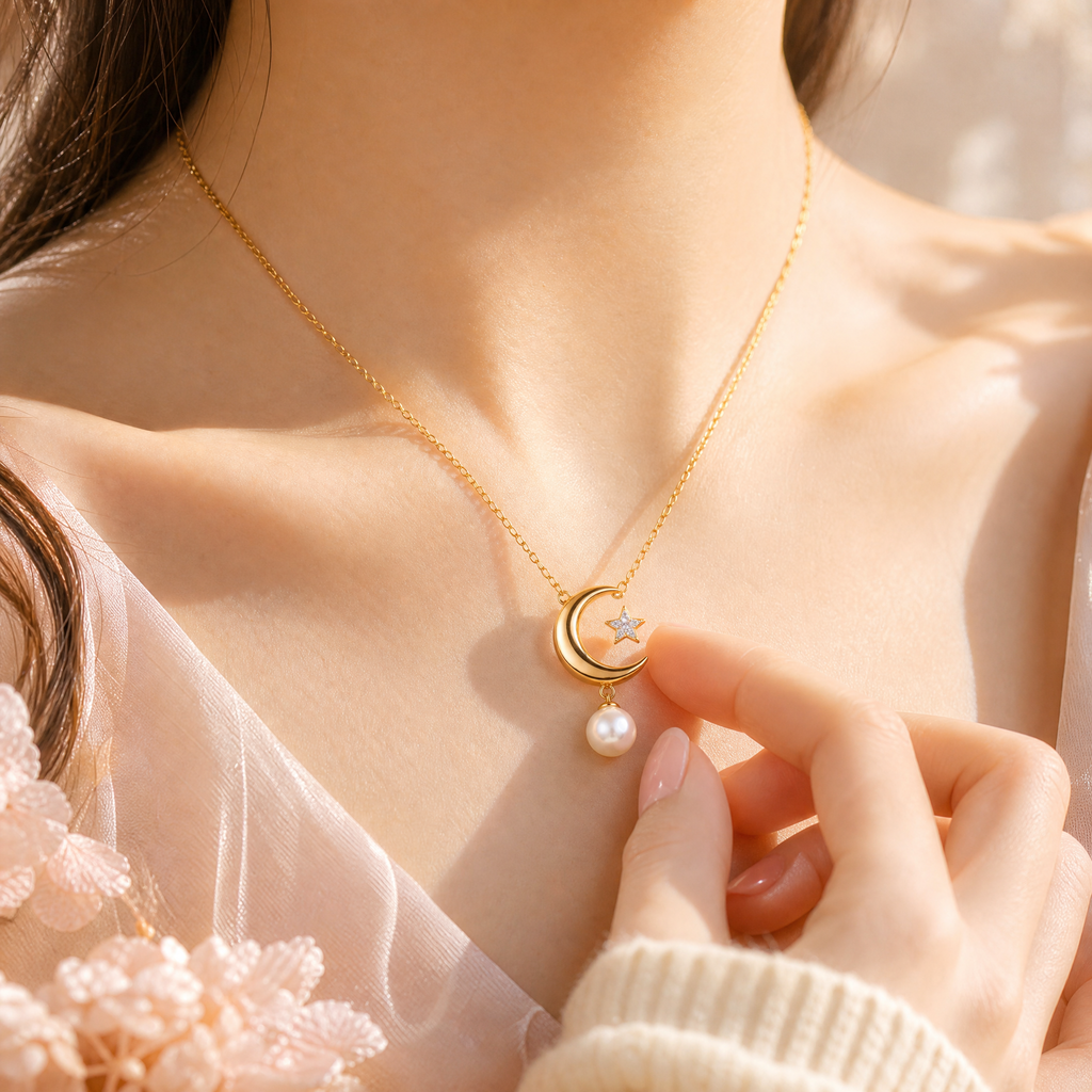 Veqzuni Moon Star Pearl Gold Plated Dainty Necklace