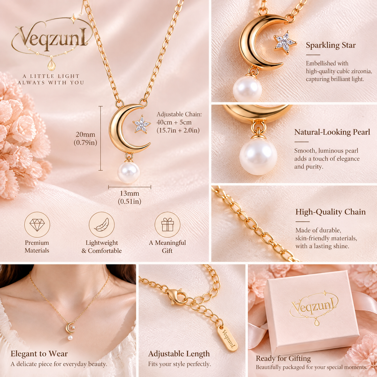 Veqzuni Moon Star Pearl Gold Plated Dainty Necklace