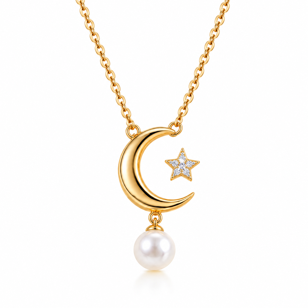 Veqzuni Moon Star Pearl Gold Plated Dainty Necklace