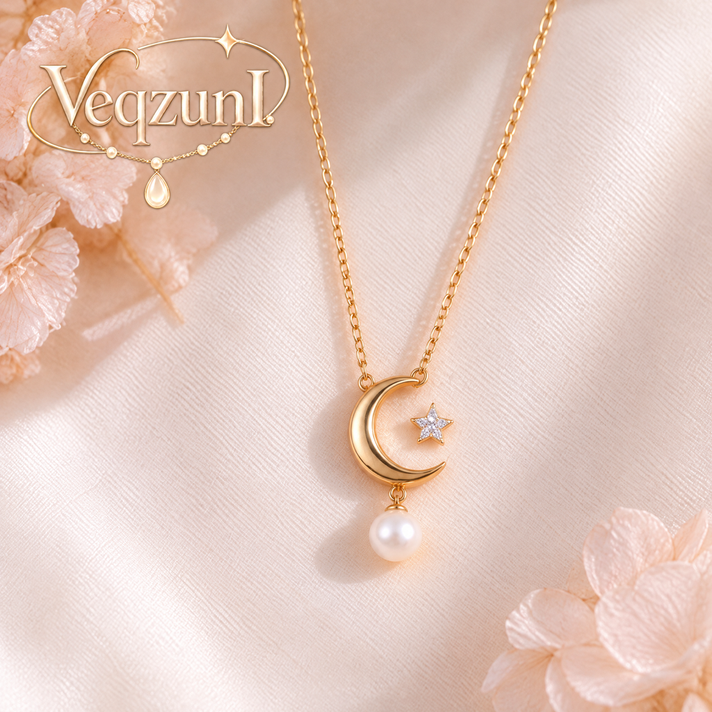 Veqzuni Moon Star Pearl Gold Plated Dainty Necklace