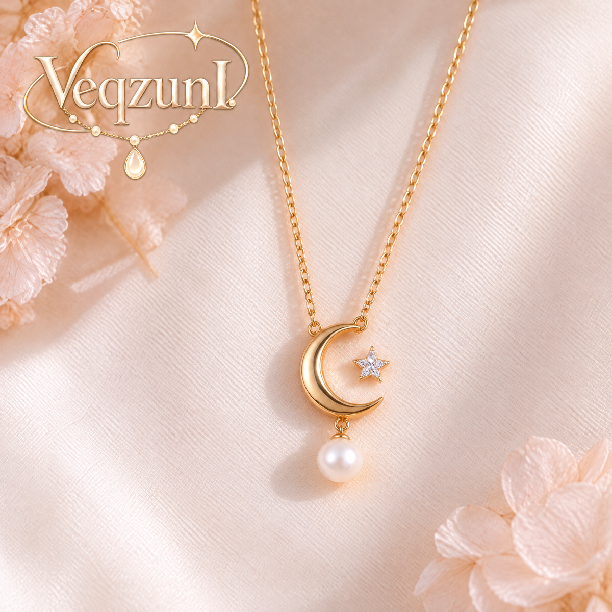 Veqzuni Moon Star Pearl Gold Plated Dainty Necklace