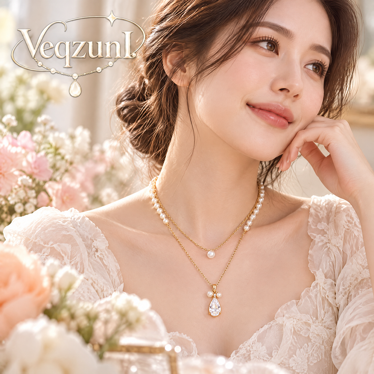 Veqzuni Layered Pearl Teardrop CZ Gold Plated Necklace