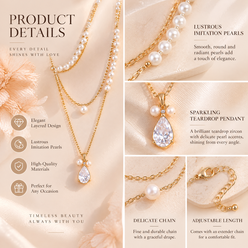 Veqzuni Layered Pearl Teardrop CZ Gold Plated Necklace