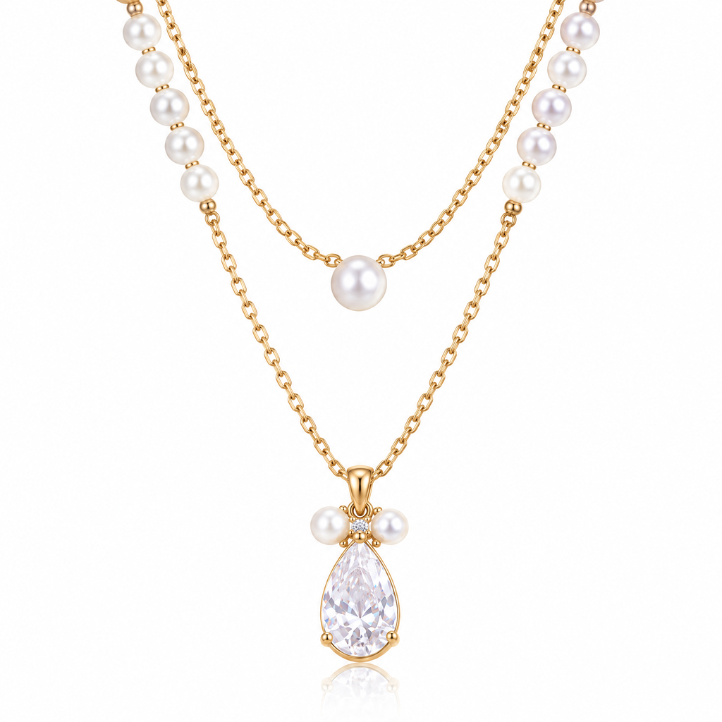 Veqzuni Layered Pearl Teardrop CZ Gold Plated Necklace