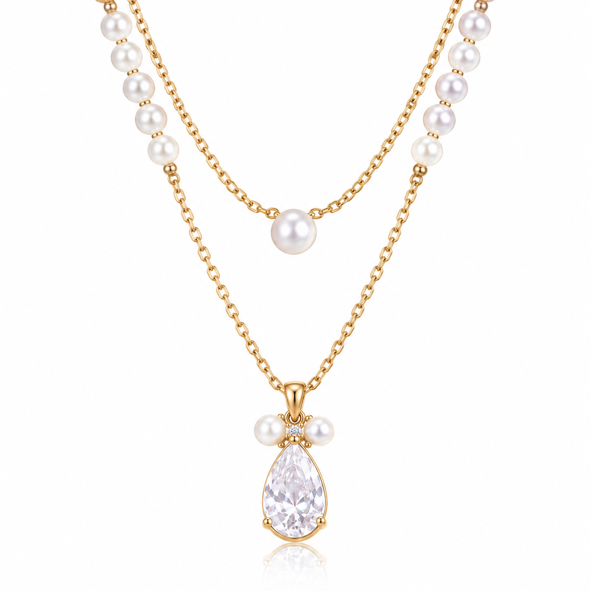 Veqzuni Layered Pearl Teardrop CZ Gold Plated Necklace