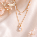 Veqzuni Layered Pearl Teardrop CZ Gold Plated Necklace