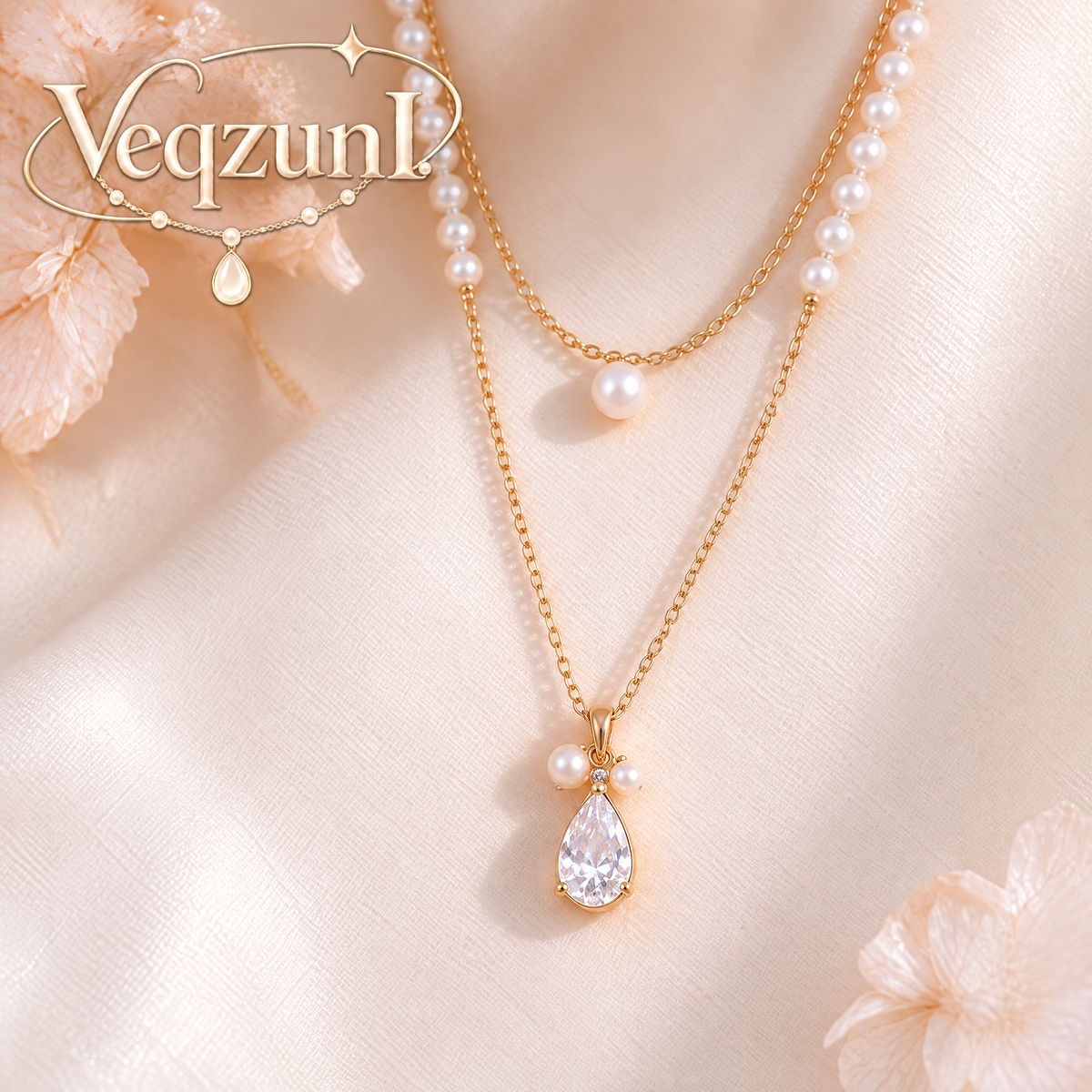 Veqzuni Layered Pearl Teardrop CZ Gold Plated Necklace
